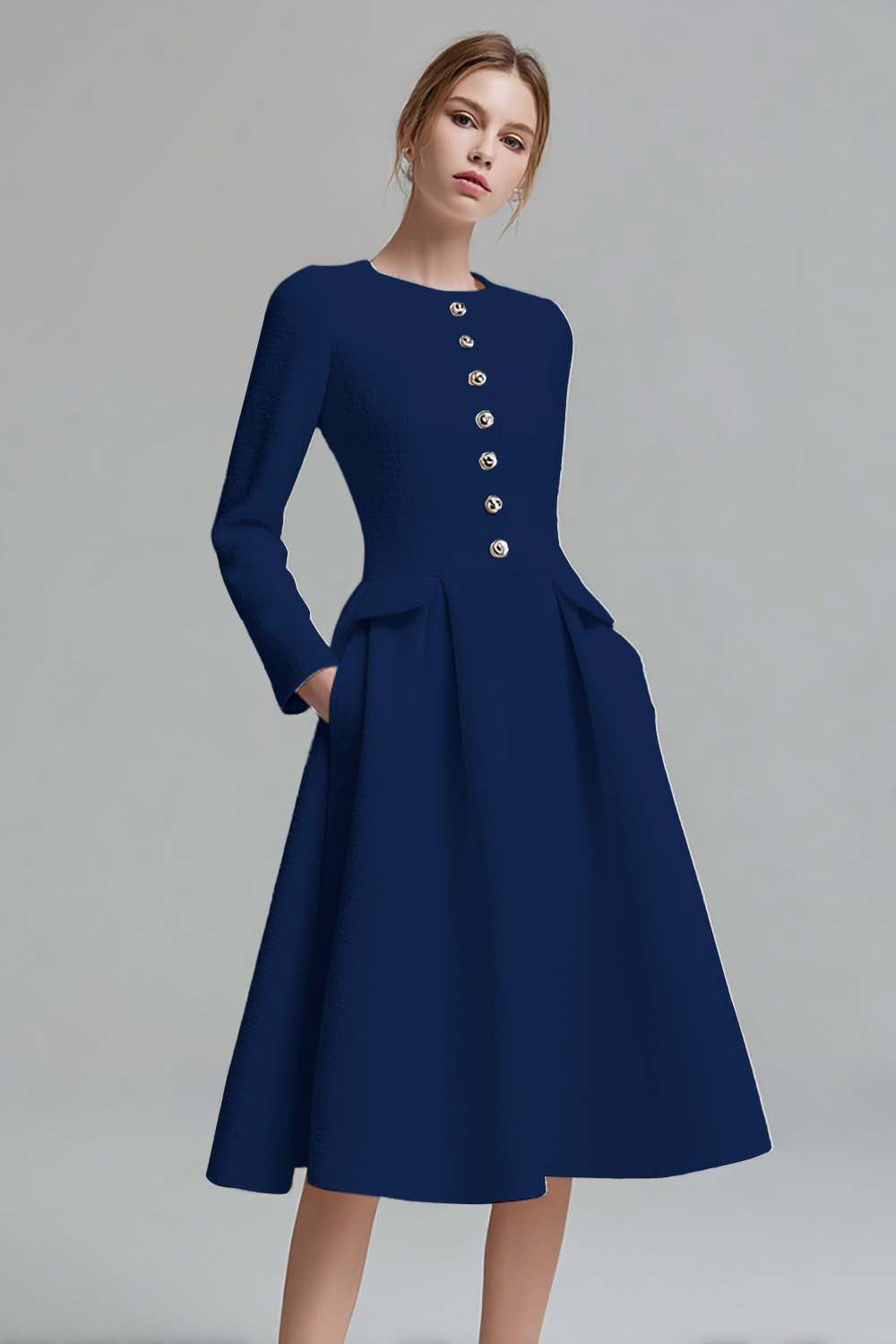 Ivory A-Line Round Neck Tweed Long Sleeve Work Dress