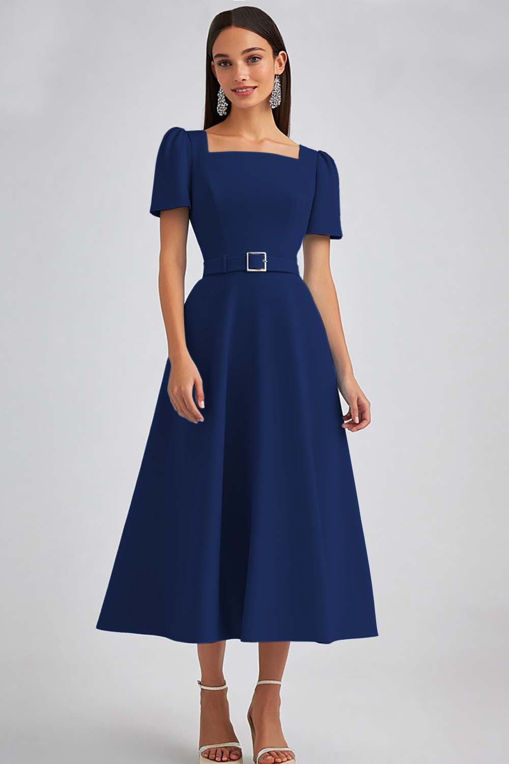 A Line Sky Blue Square Neck Midi Dress with Belt
