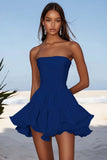 Strapless Blue A Line Ruched Graduation Dress