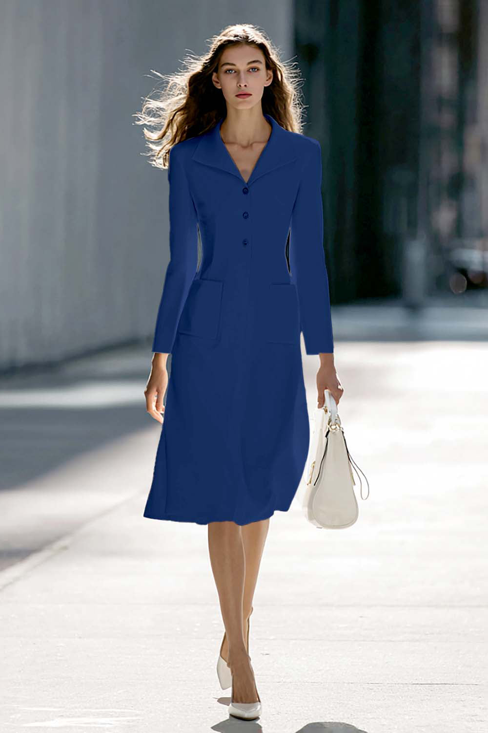 A-Line Long Sleeve Ivory Work Dress With Pockets