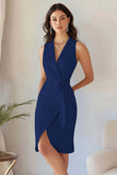 Blue Sheath Midi Work Dress with Sash