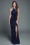 Halter Burgundy Velvet Sheath Holiday Dress With Slit