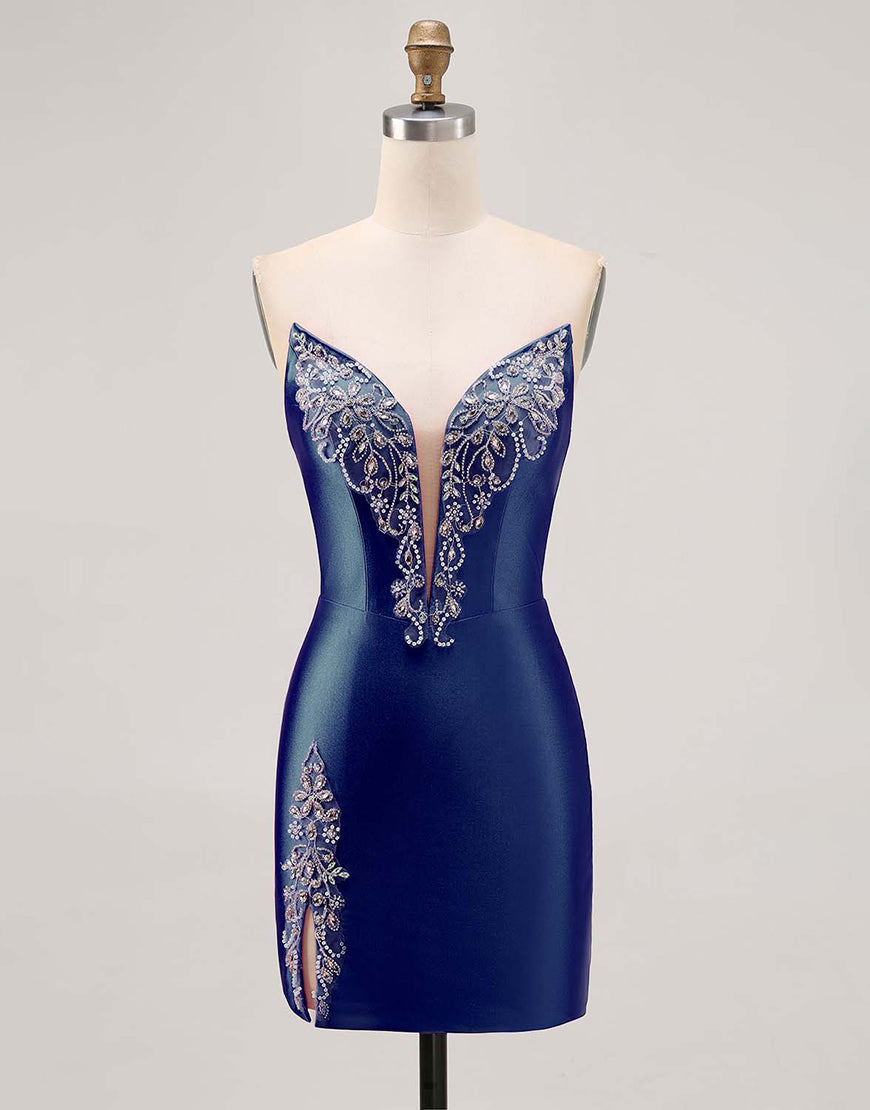 Fuchsia Beaded Satin Bodycon Strapless Homecoming Dress with Slit