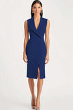 Blue Bodycon V-Neck Work Dress with Slit