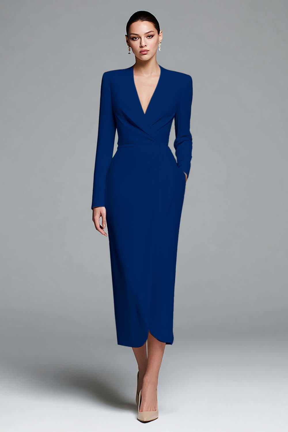 Ivory Sheath V-Neck Work Dress With Long Sleeves