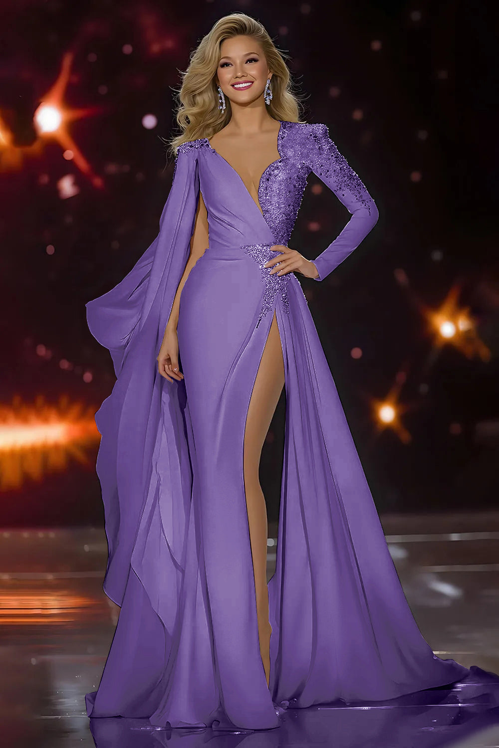 White Appliqued V-Neck Mermaid Pageant Dress With High Slit