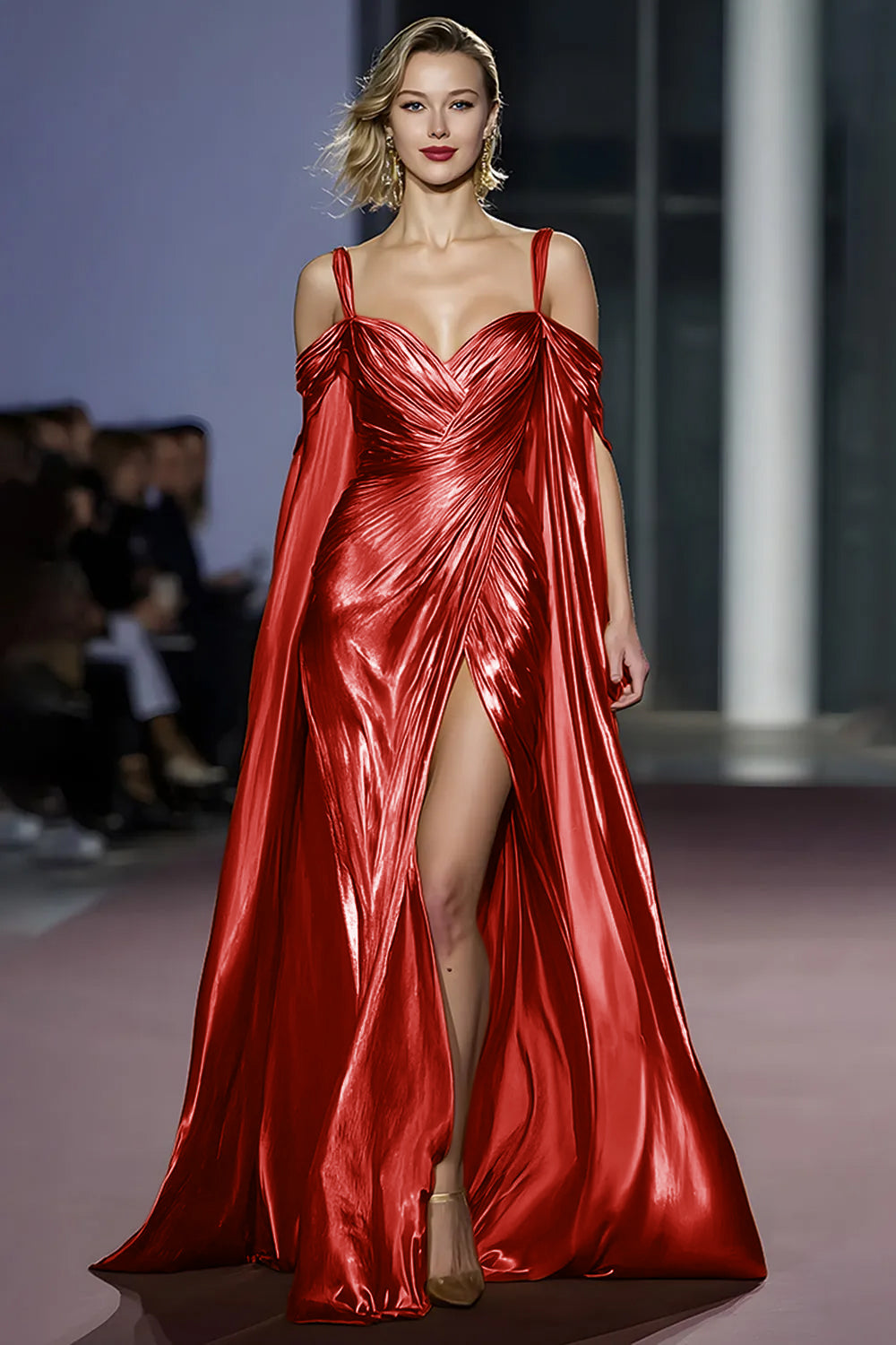 Metallic Golden Mermaid Cold Shoulder Ruched Gala Dress With Slit