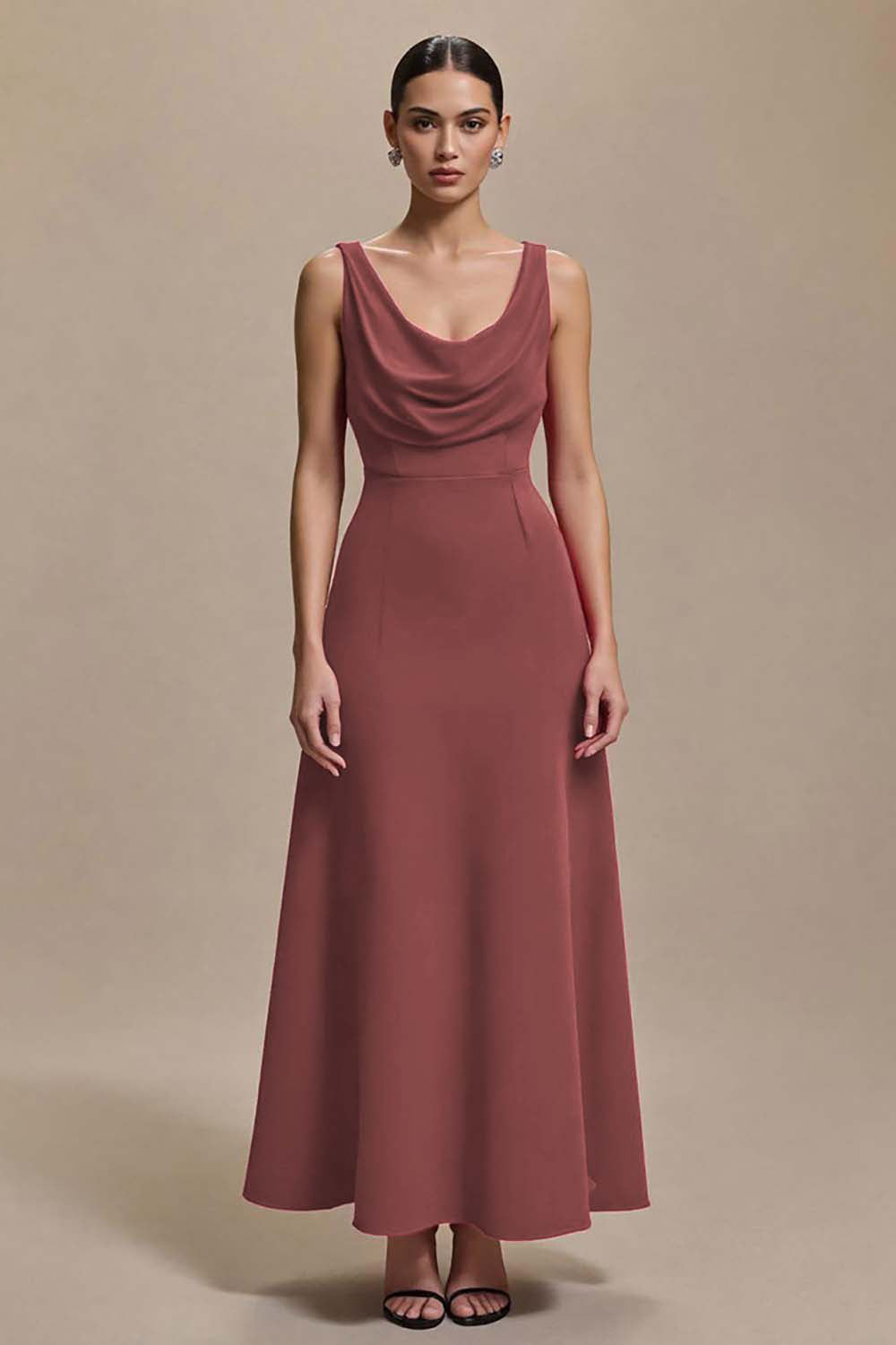 Red A-Line Cowl Neck Long Formal Dress