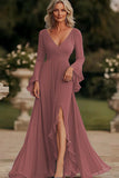Dark Grey Wrap Long Sleeve Ruffled Chiffon Long Mother of the Bride Dress