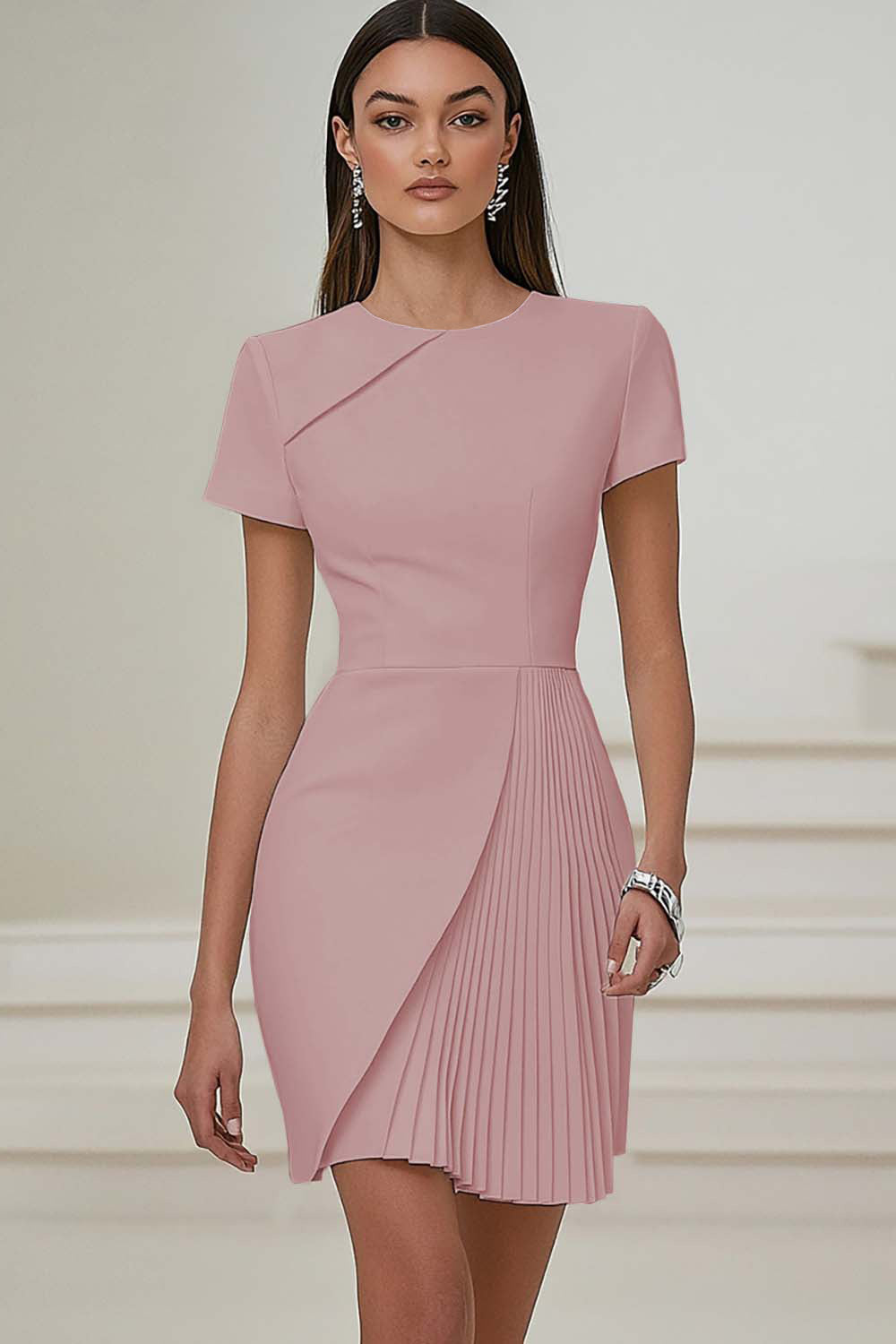 Bodycon Pleated Ivory Work Dress with Short Sleeves