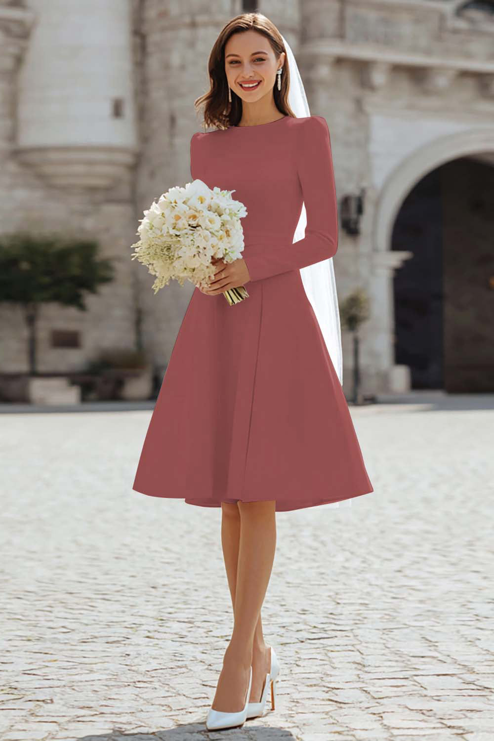 Ivory A-Line Long Sleeve Engagement Dress