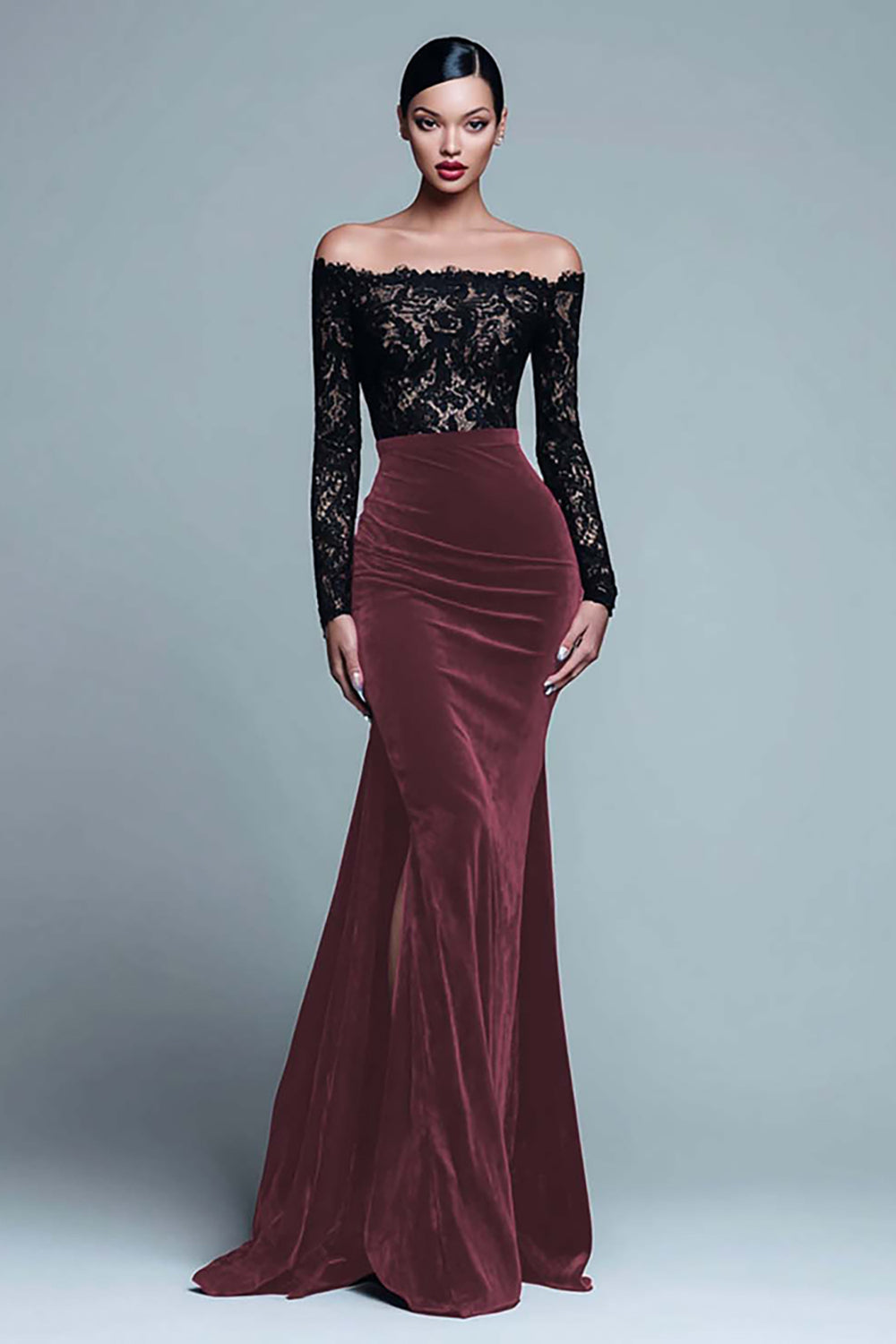 Black and Burgundy Off The Shoulder Mermaid Velvet Formal Dress With Slit