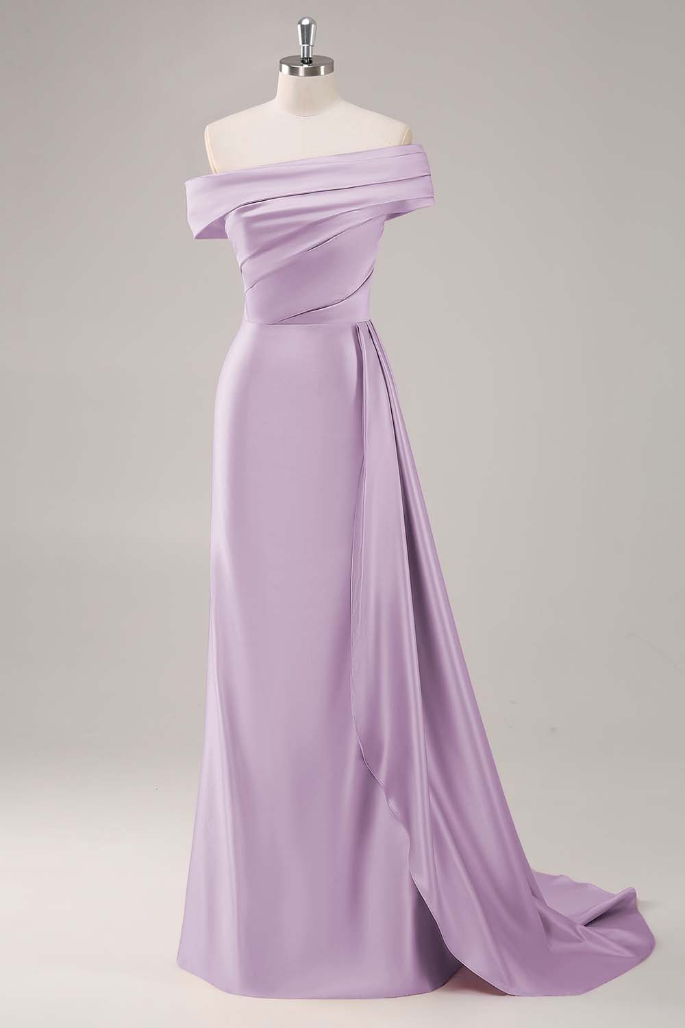Off the Shoulder Satin Champagne Formal Dress with Drape