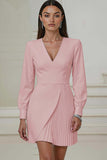 Ivory V-Neck Long Sleeve Pleated A-Line Work Dress
