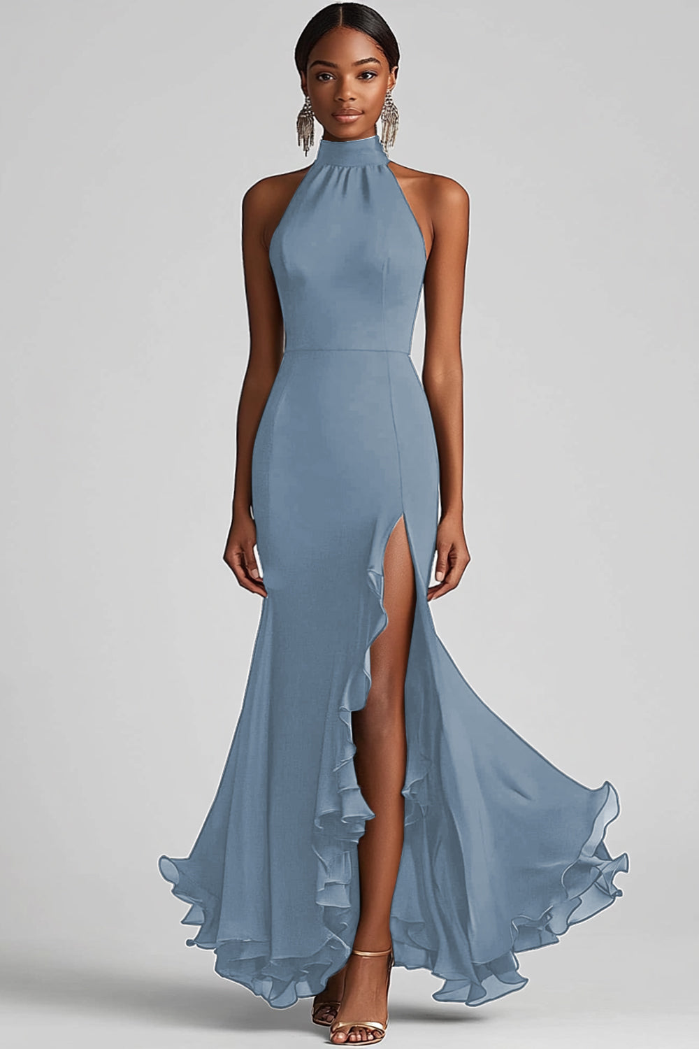 Black Halter Mermaid Formal Dress with Ruffle Hem