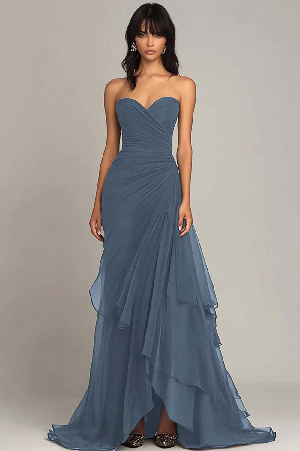 Elegant Sweetheart Ruched Ruffled Black Tie Dress