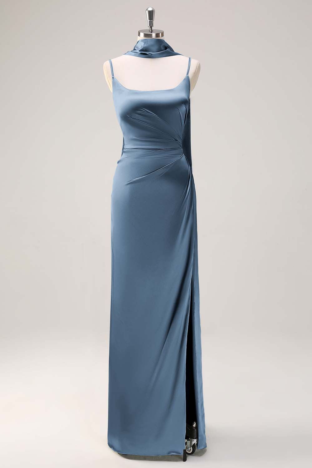 Sage Sheath Spaghetti Straps Slit Bridesmaid Dress with Ribbon