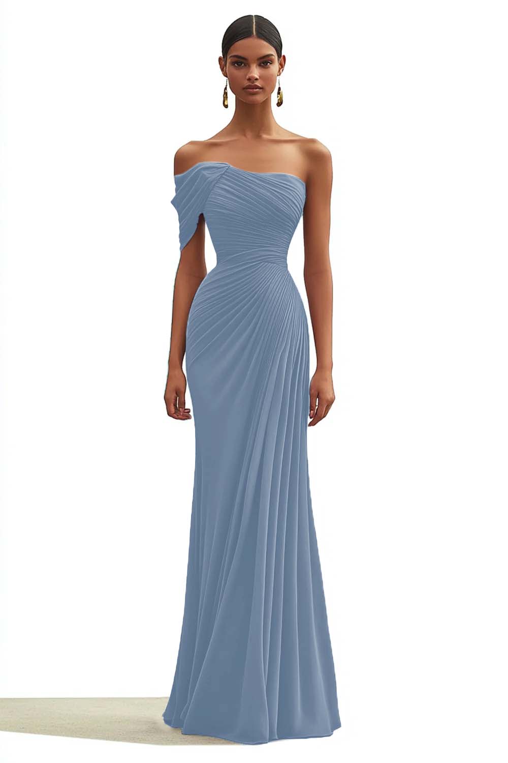 Dark Green One Shoulder Sheath Pleated Long Formal Dress
