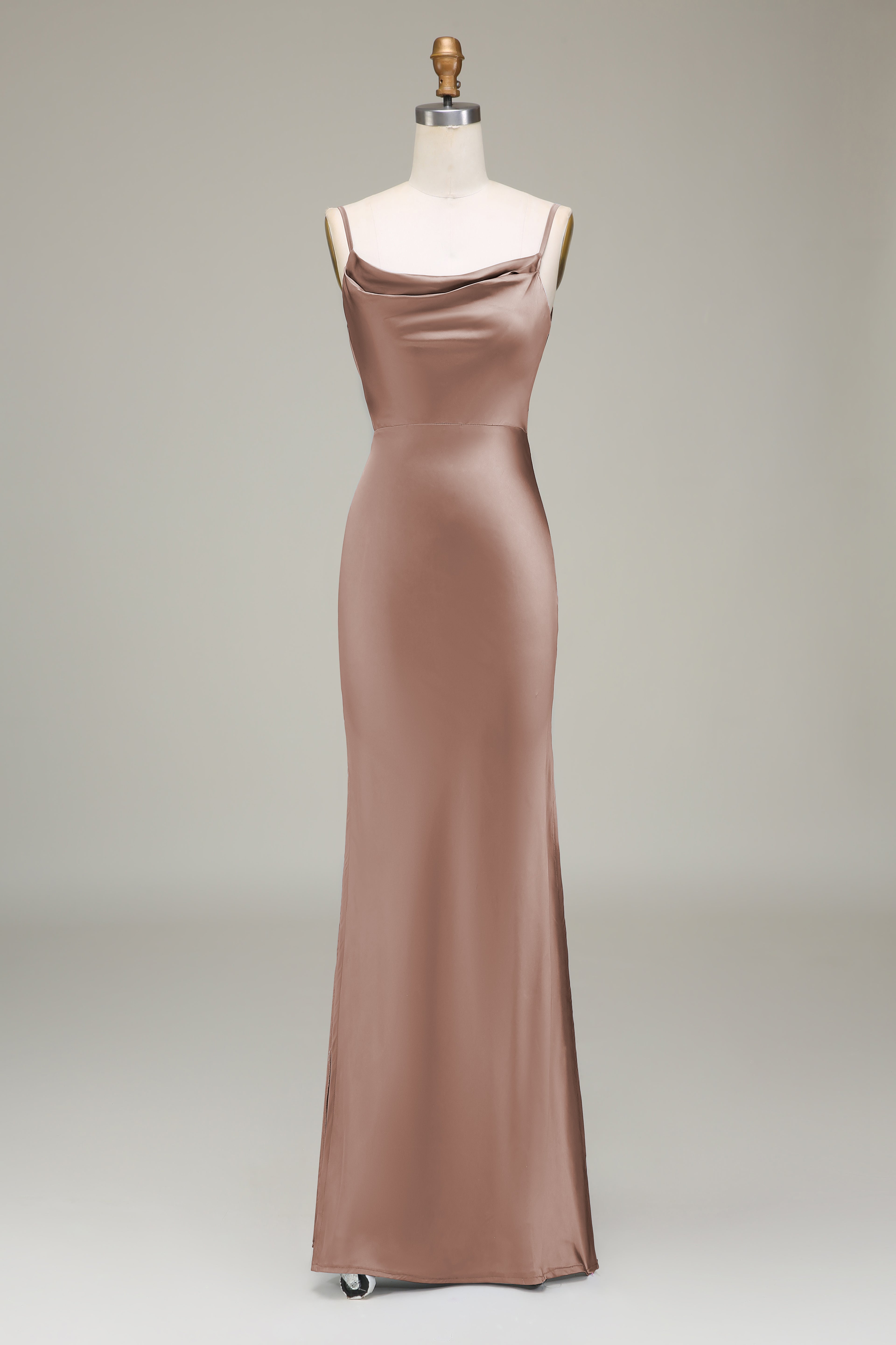 Dusty Blue Sheath Cowl Neck Satin Maxi Dress with Slit