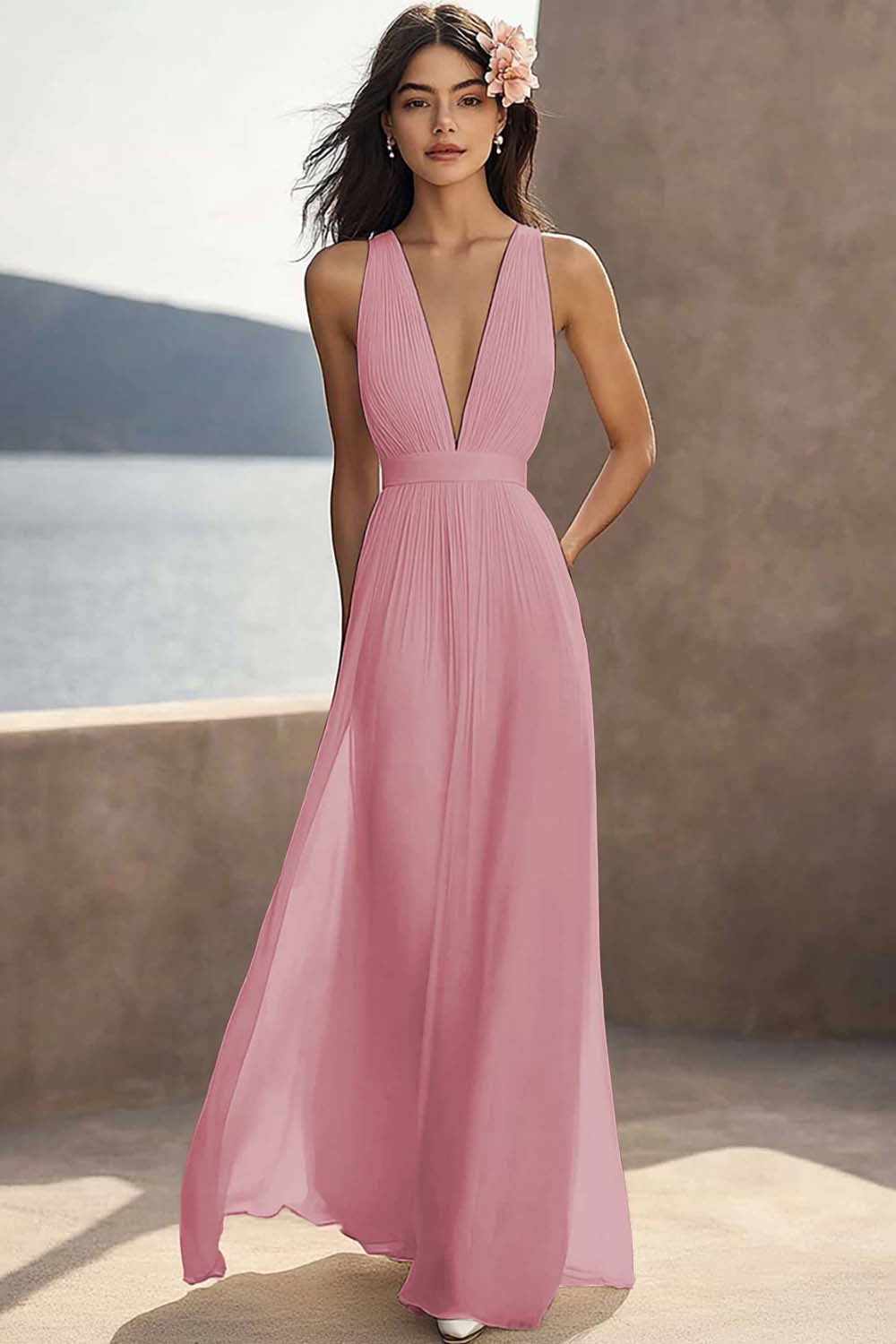 A Line Ivory V-Neck Long Engagement Dress