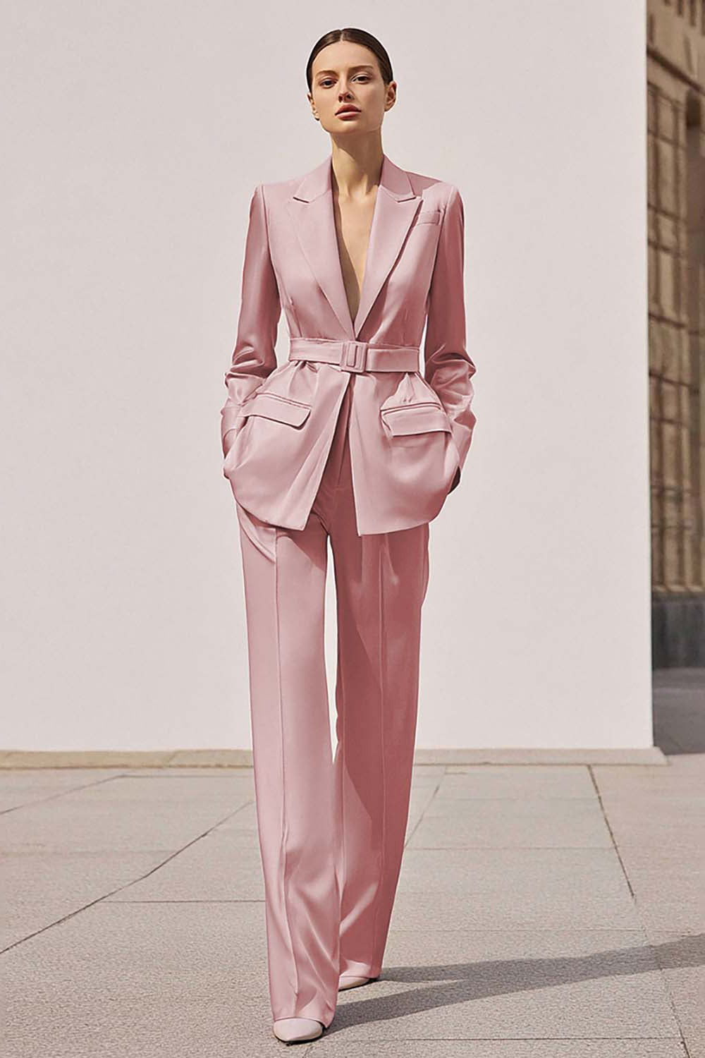 Lilac 2-Piece Peak Lapel Business Suit with Belt