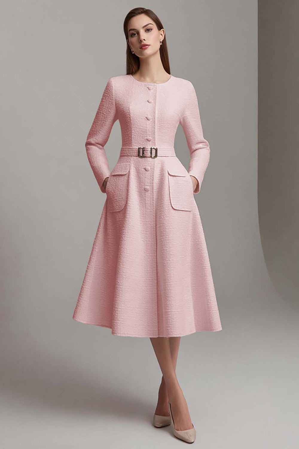 Ivory Long Sleeve A-Line Round Neck Midi Work Dress With Belt