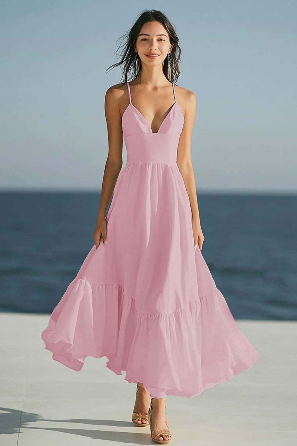 Ivory A Line Spaghetti Straps Long Holiday Dress