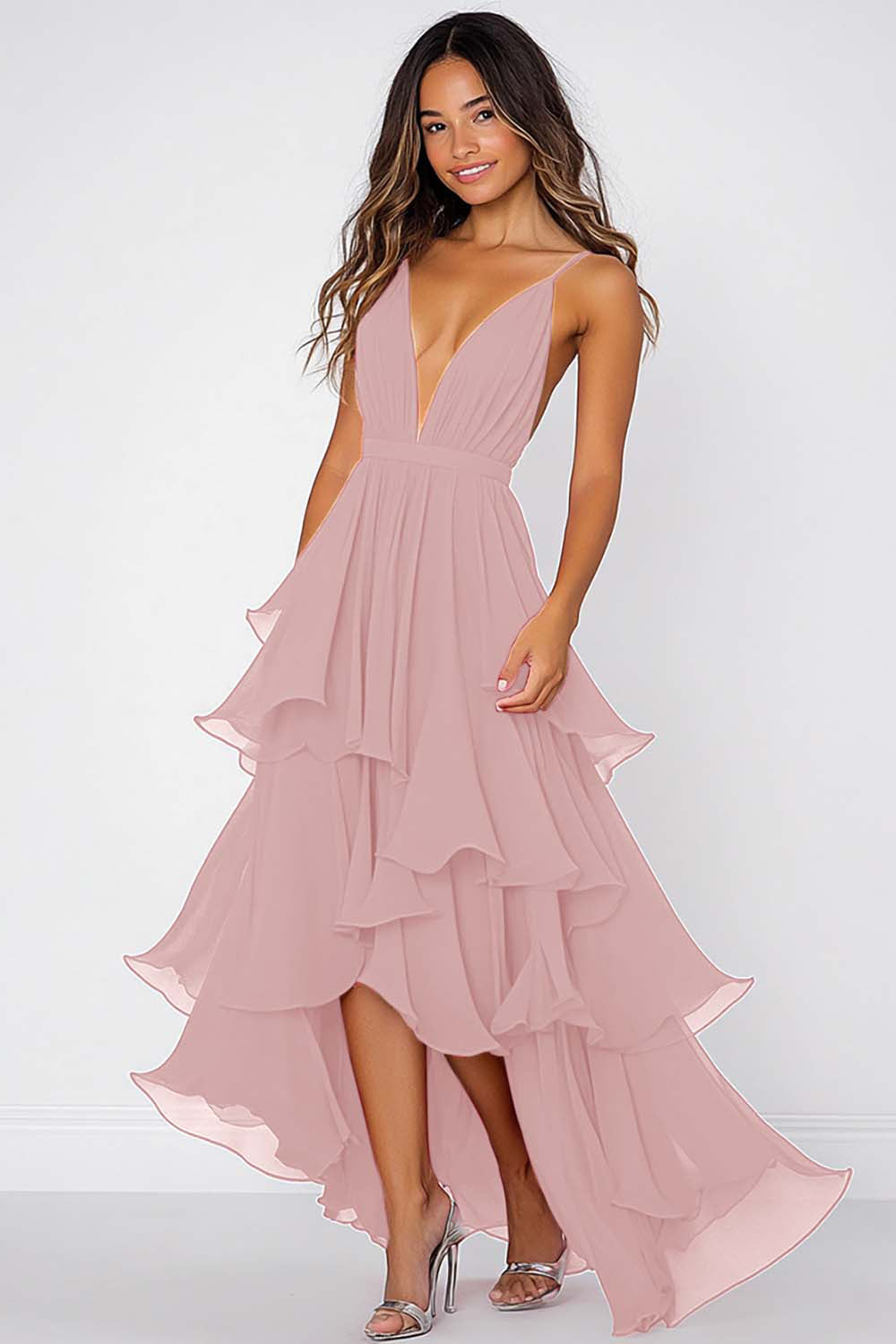 Ruffled Tiered Chiffon Red Prom Dress