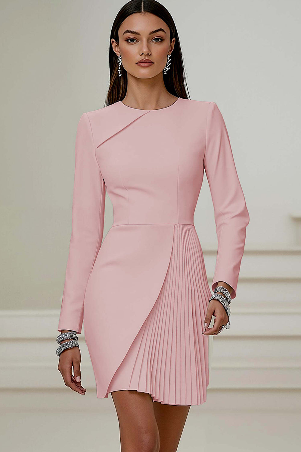 Pencil Pleated Ivory Work Dress With Long Sleeves