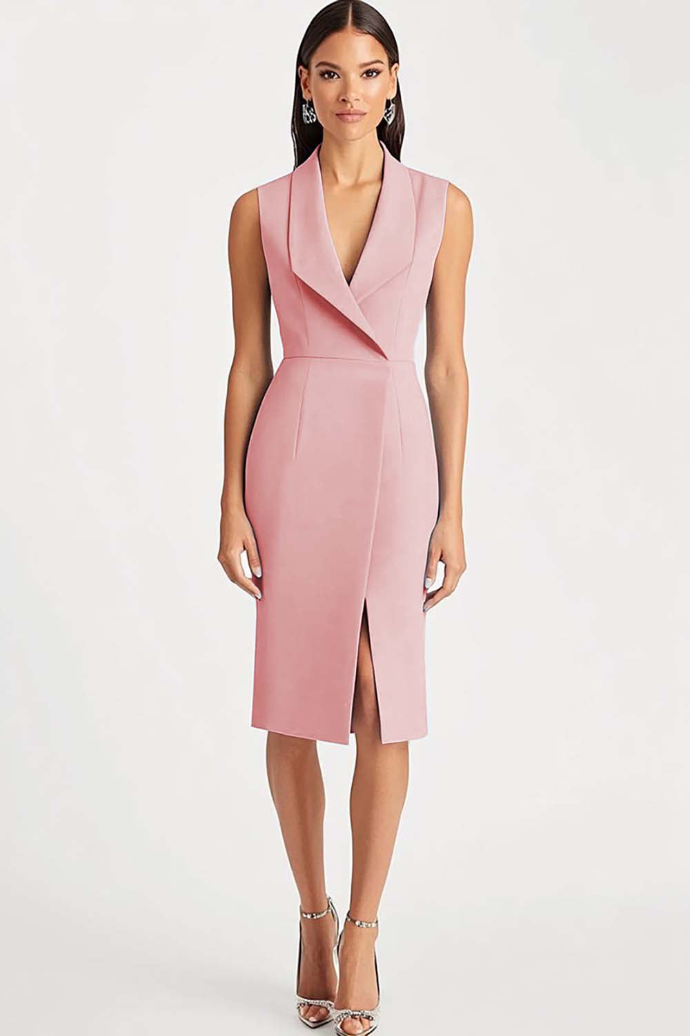 Blue Bodycon V-Neck Work Dress with Slit