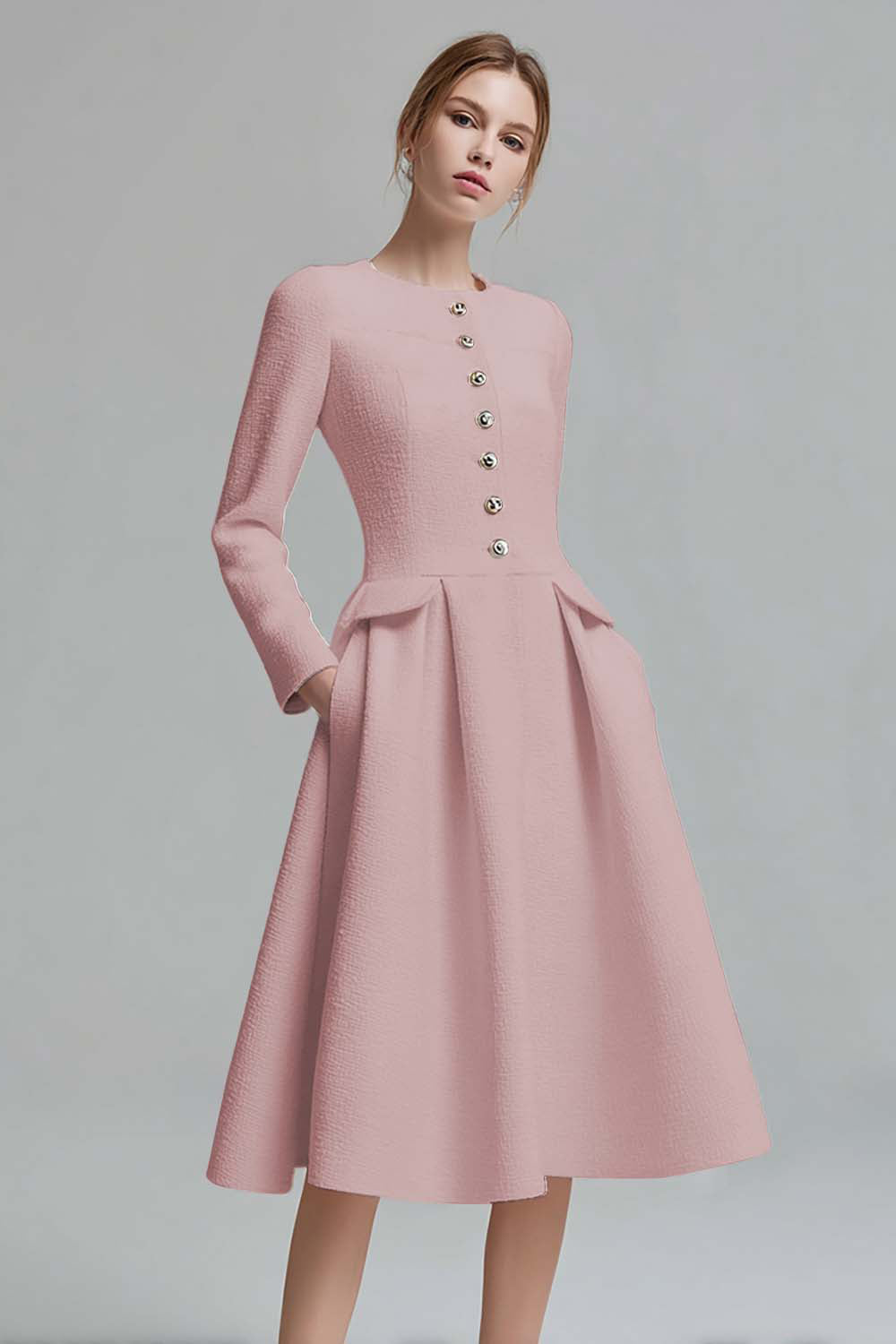 Ivory A-Line Round Neck Tweed Long Sleeve Work Dress