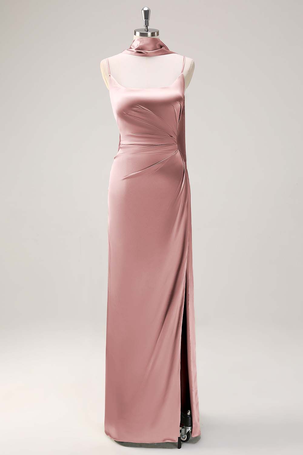 Sage Sheath Spaghetti Straps Slit Bridesmaid Dress with Ribbon