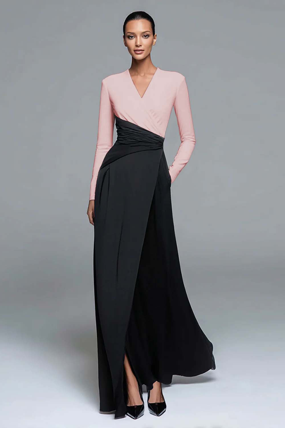 Black and White V-Neck Formal Dress with Long Sleeves