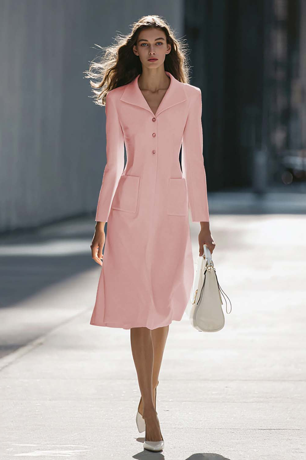 A-Line Long Sleeve Ivory Work Dress With Pockets