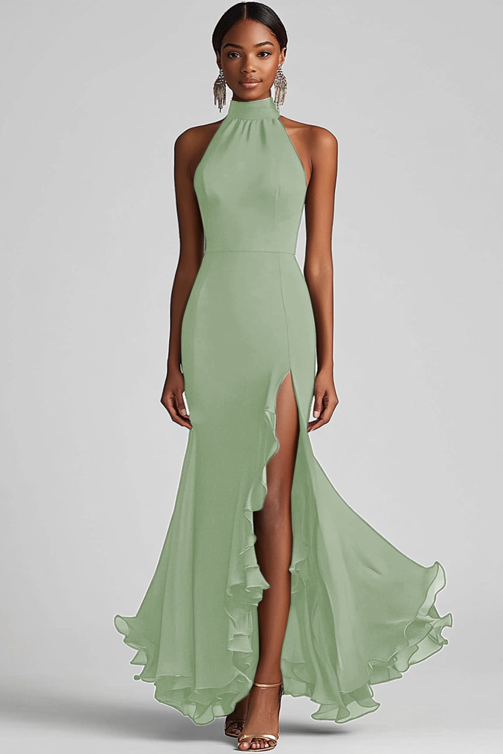 Black Halter Mermaid Formal Dress with Ruffle Hem