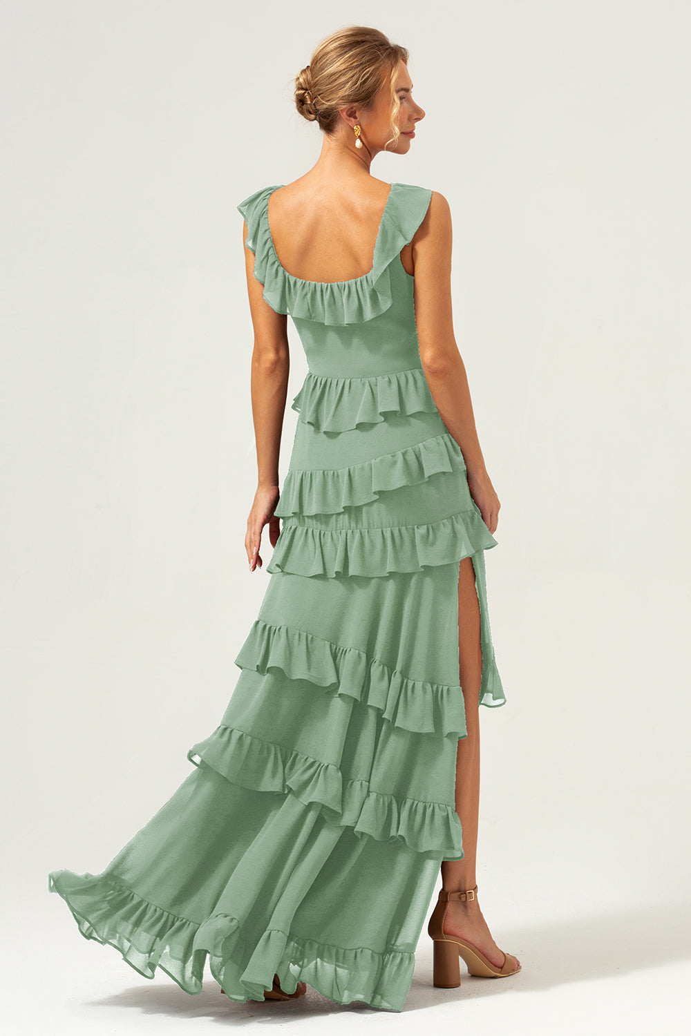 Dark Navy A Line Tiered Chiffon Maxi Bridesmaid Dress