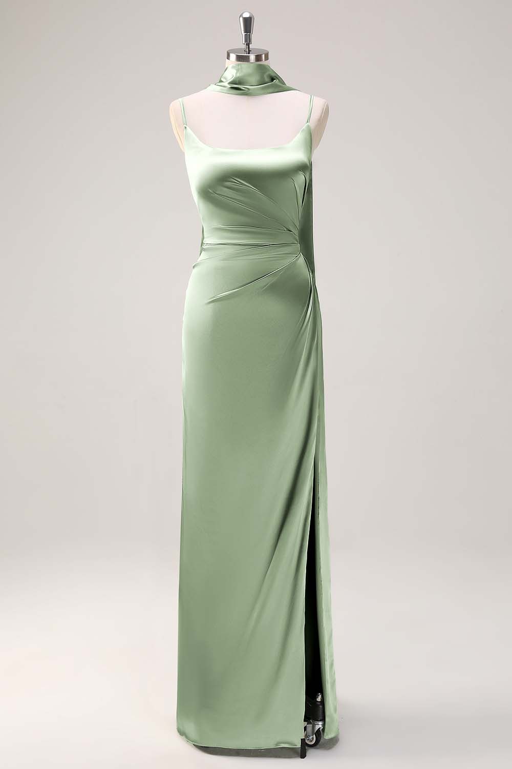 Sage Sheath Spaghetti Straps Slit Bridesmaid Dress with Ribbon