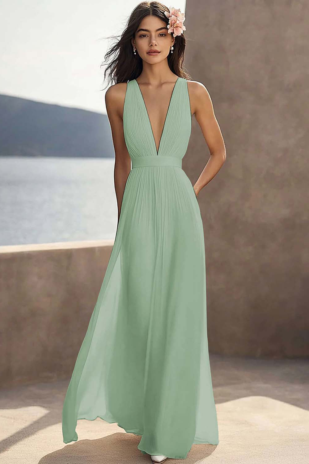 A Line Ivory V-Neck Long Engagement Dress