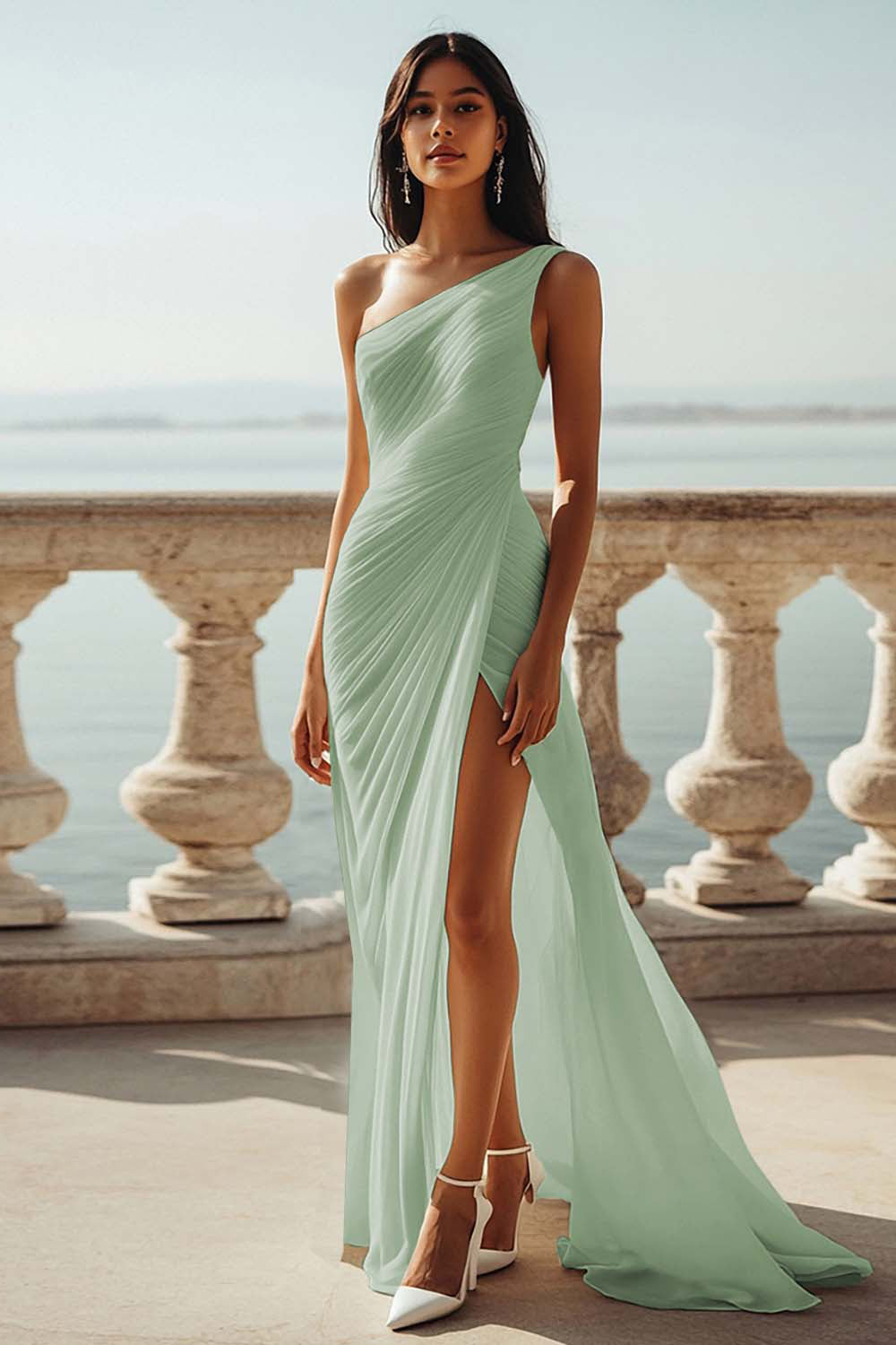 Ivory One Shoulder Ruched Maxi Dress with Slit