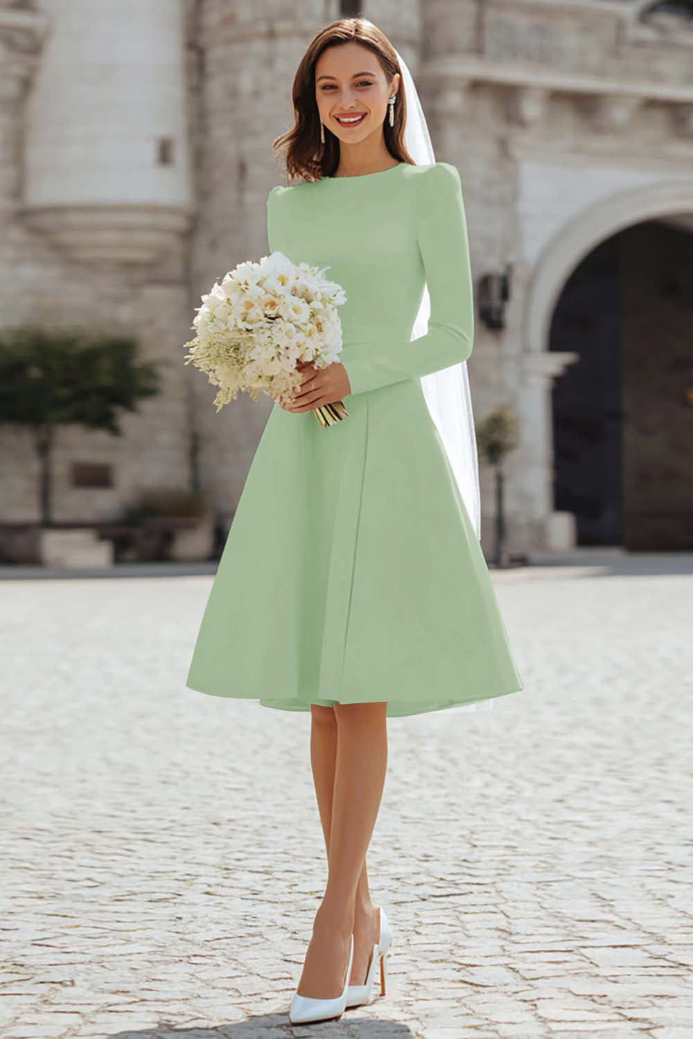 Ivory A-Line Long Sleeve Engagement Dress