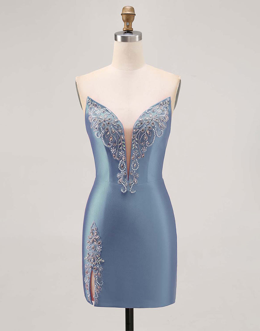 Fuchsia Beaded Satin Bodycon Strapless Homecoming Dress with Slit