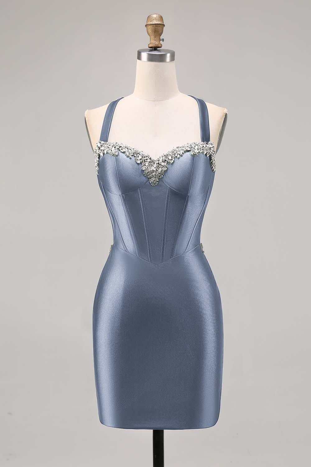 Dark Green Corset Satin Bodycon Homecoming Dress with Rhinestones