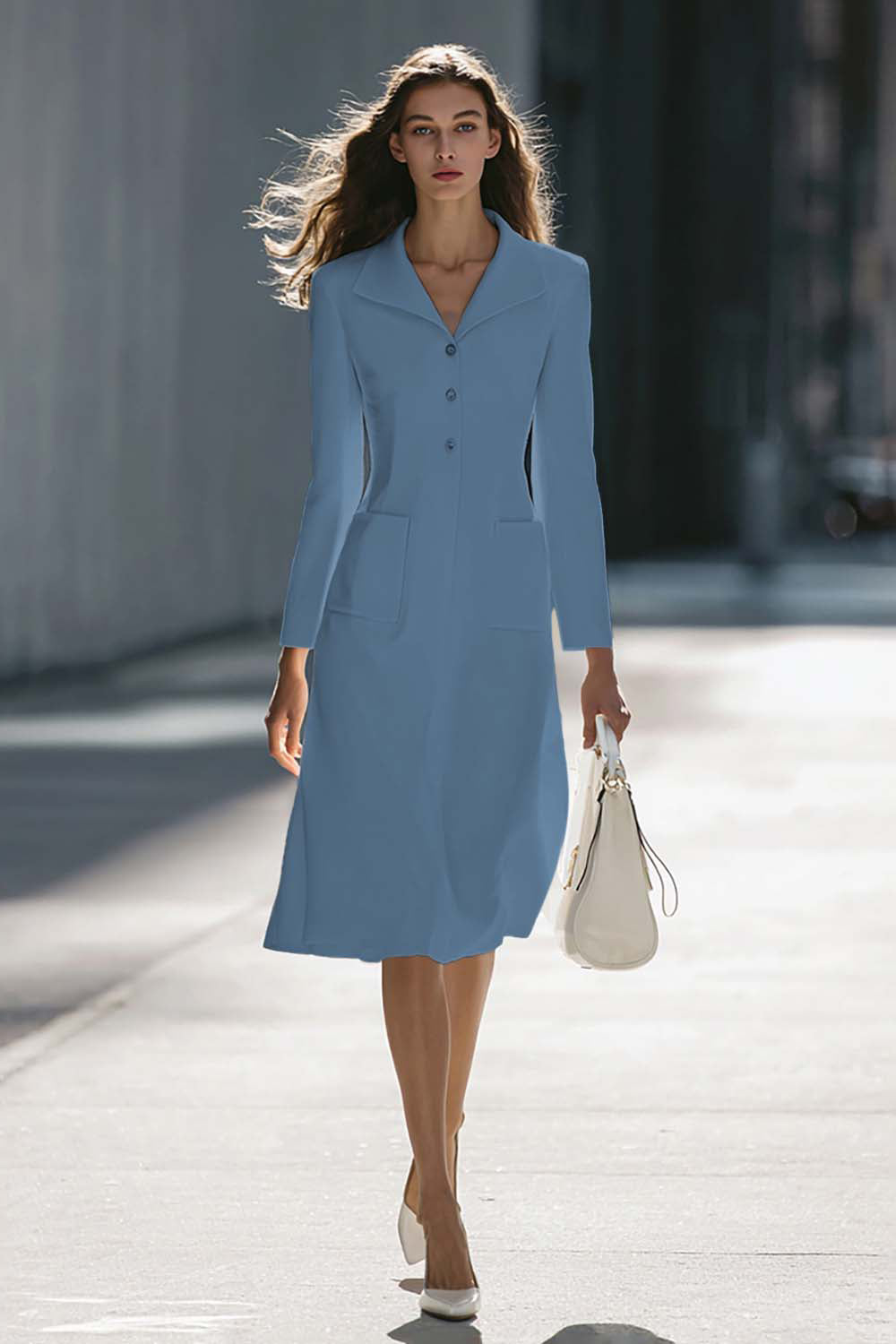 A-Line Long Sleeve Ivory Work Dress With Pockets