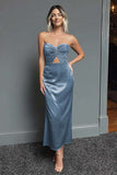 Dark Green Sheath Strapless Cut Out Ankle Length Formal Dress