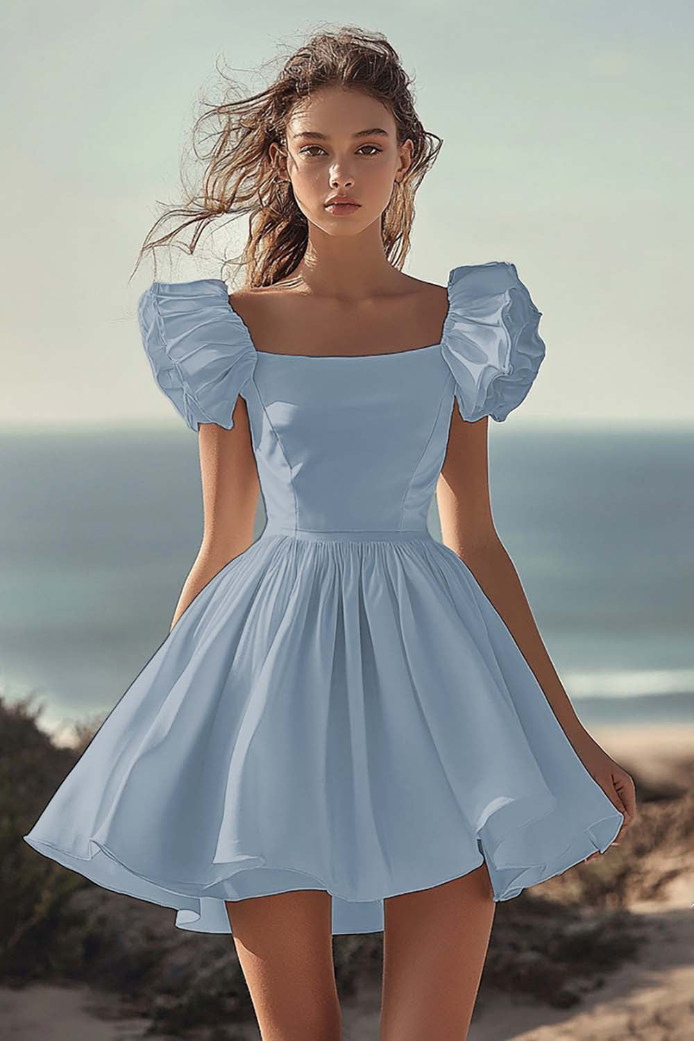 White Puff Sleeve A Line Satin Graduation Dress