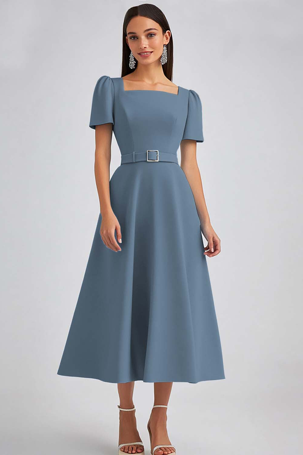 A Line Sky Blue Square Neck Midi Dress with Belt