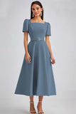 A Line Sky Blue Square Neck Midi Dress with Belt