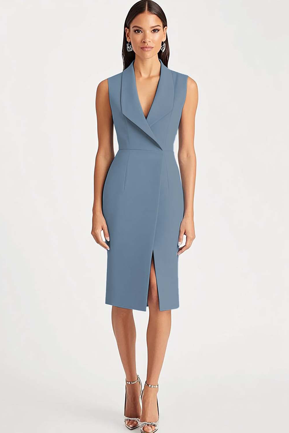 Blue Bodycon V-Neck Work Dress with Slit