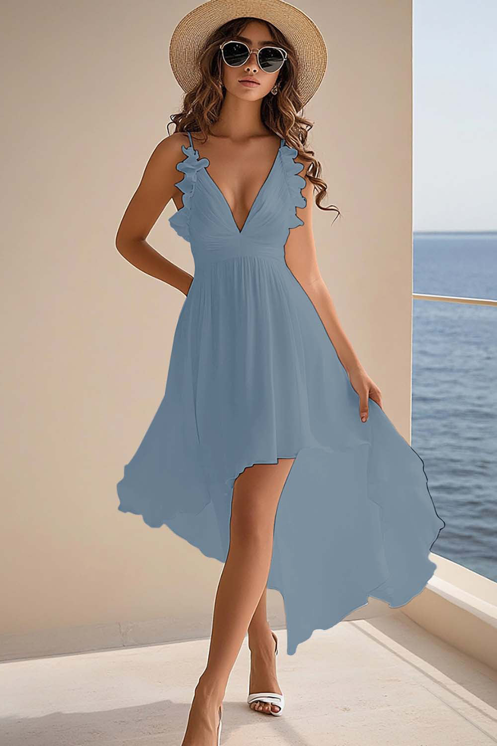 Ruffled White V Neck Asymmetrical Holiday Party Dress