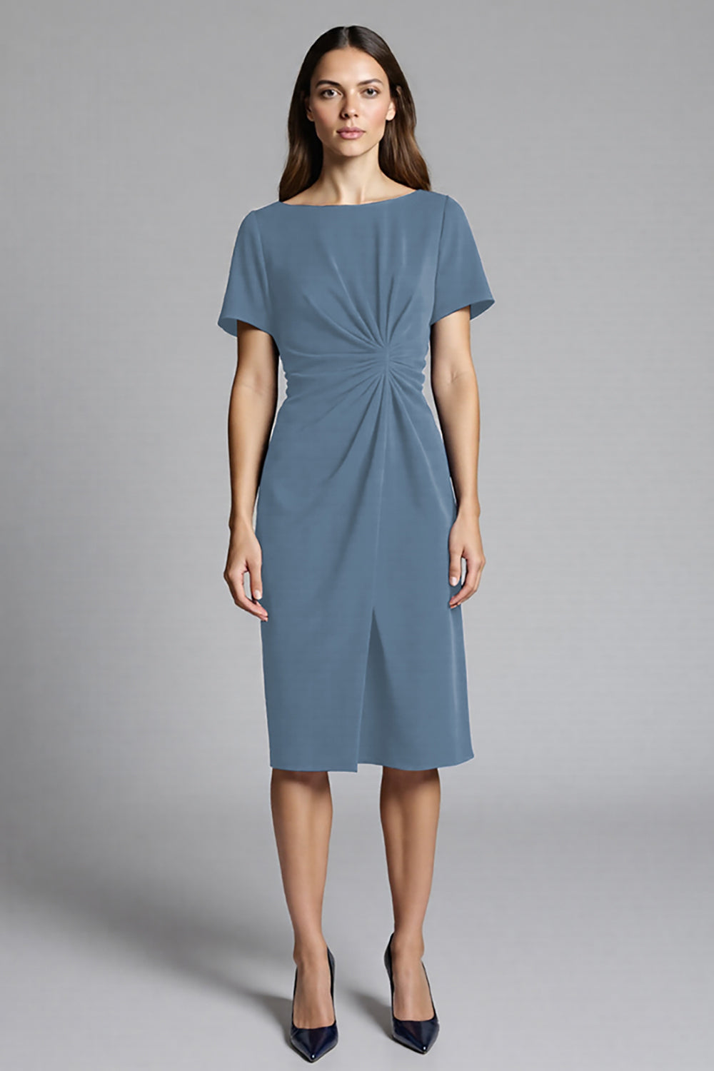 Navy Sheath Short Sleeve Midi Dress